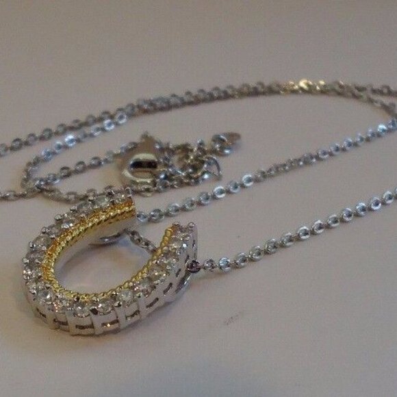 STERLING SILVER HORSE SHOE NECKLACE PENDANT W/ LAB CREATED DIAMOND 19MM BY 16MM - Picture 5 of 5